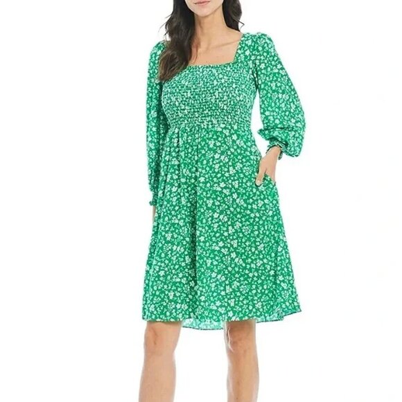 Jessica Howard Green White Long Sleeve Floral Smocked Square Neck Dress Pockets - Picture 1 of 16